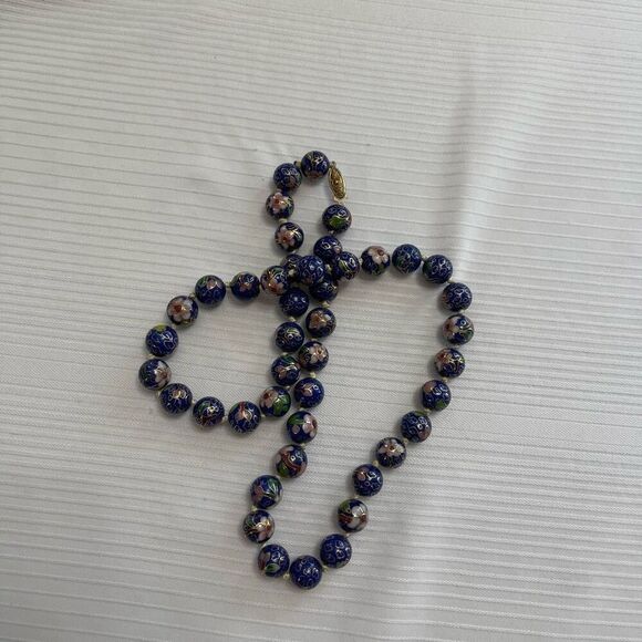 VTG Chinese Export Blue Pink Flower Cloisonne Beaded Necklace Gold Vermeil Clasp - Picture 7 of 7